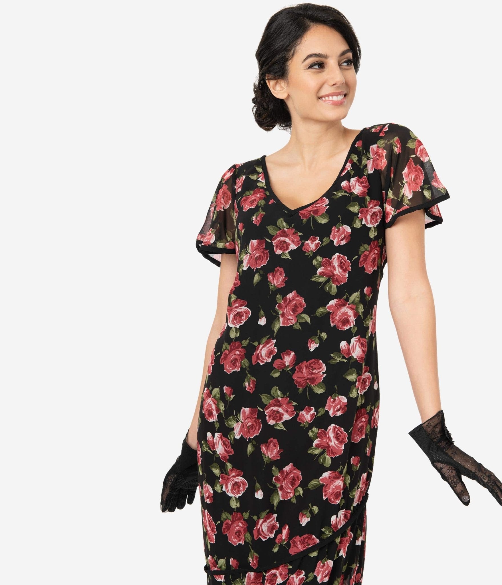 Unique Vintage 1920s Black Pink Floral Joyeux Flapper Day Dress