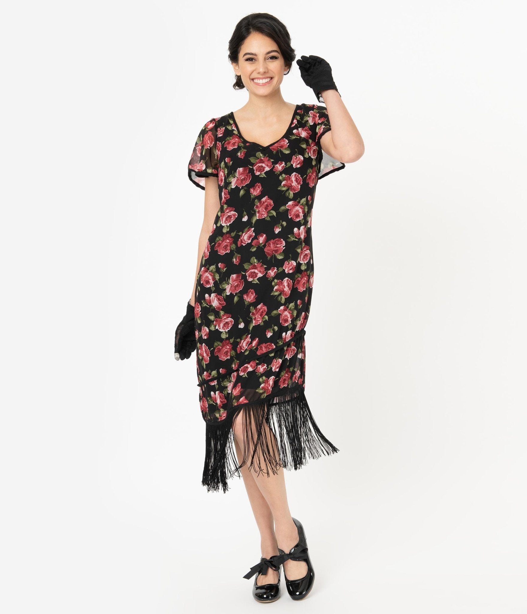 Unique Vintage 1920s Black Pink Floral Joyeux Flapper Day Dress