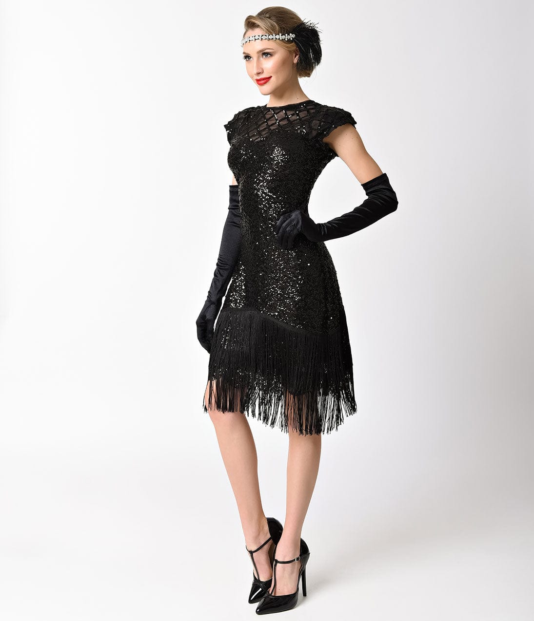 Unique Vintage Del Mar Black Sequin & Fringe Flapper Dress