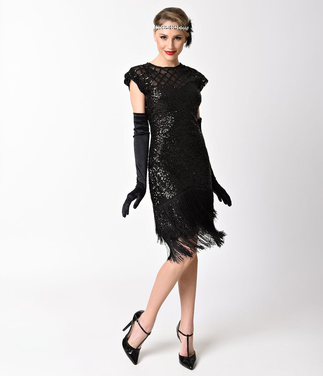 Unique Vintage 1920s Black Sequin Fringe Del Mar Flapper Dress - Unique Vintage - Womens, FLAPPER, SLEEVED BEADED