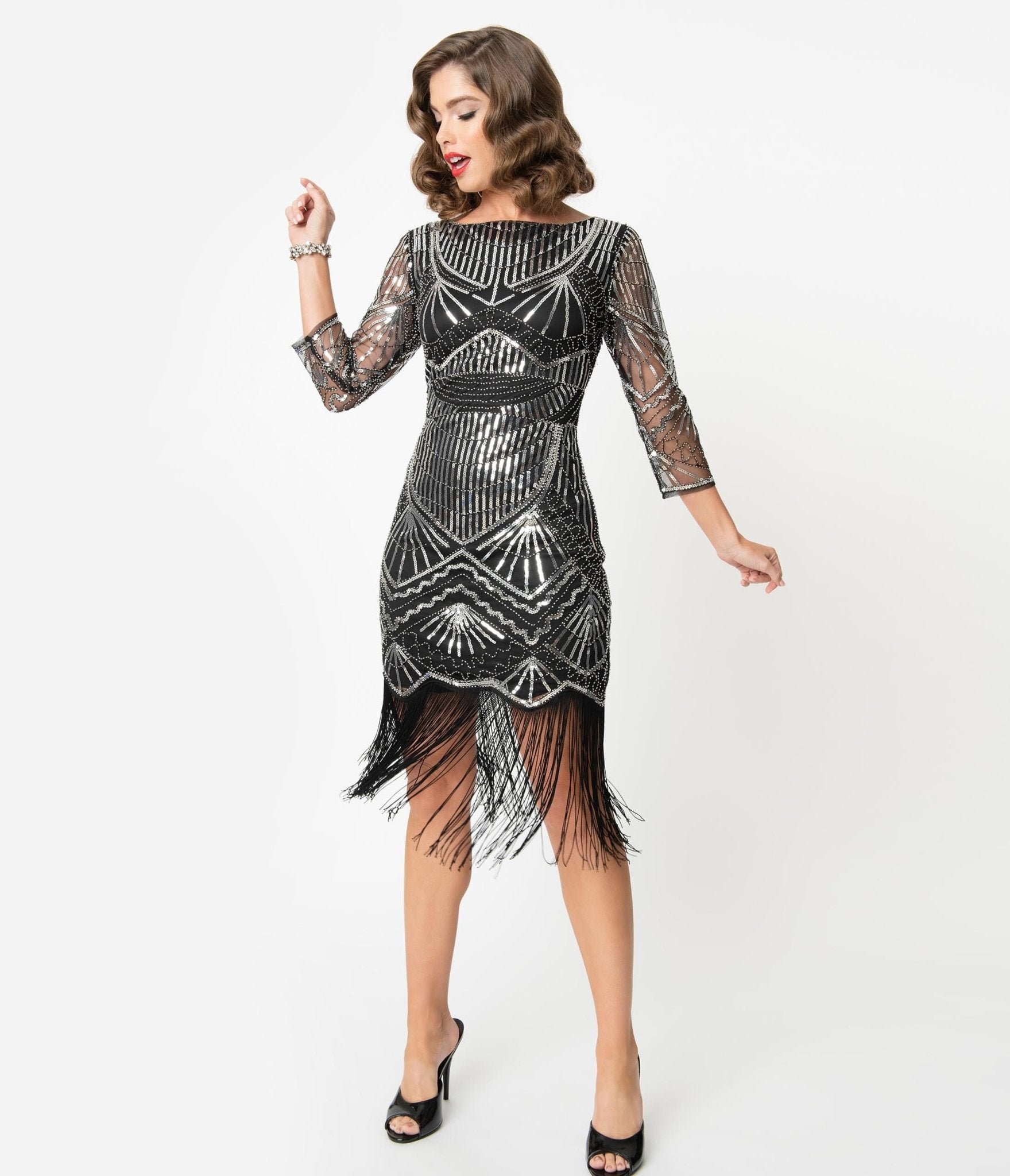Unique Vintage 1920s Black Silver Sequin Sleeved Therese Flapper Dre