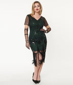 Unique Vintage 1920s Emerald & Black Sequin Katriane Flapper Dress - Unique Vintage - Womens, FLAPPER, SLEEVED BEADED