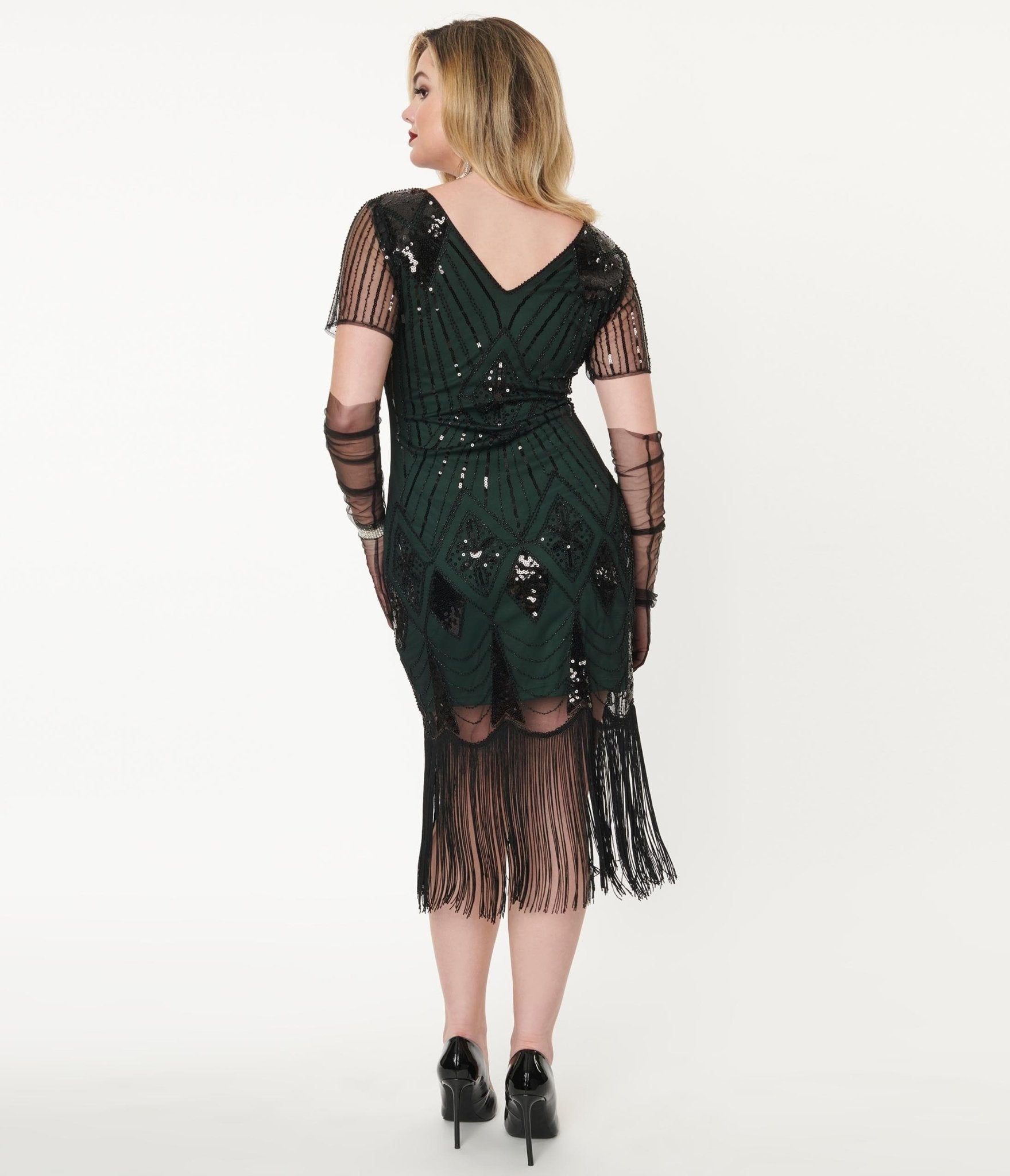 Unique Vintage 1920s Emerald & Black Sequin Katriane Flapper Dress - Unique Vintage - Womens, FLAPPER, SLEEVED BEADED
