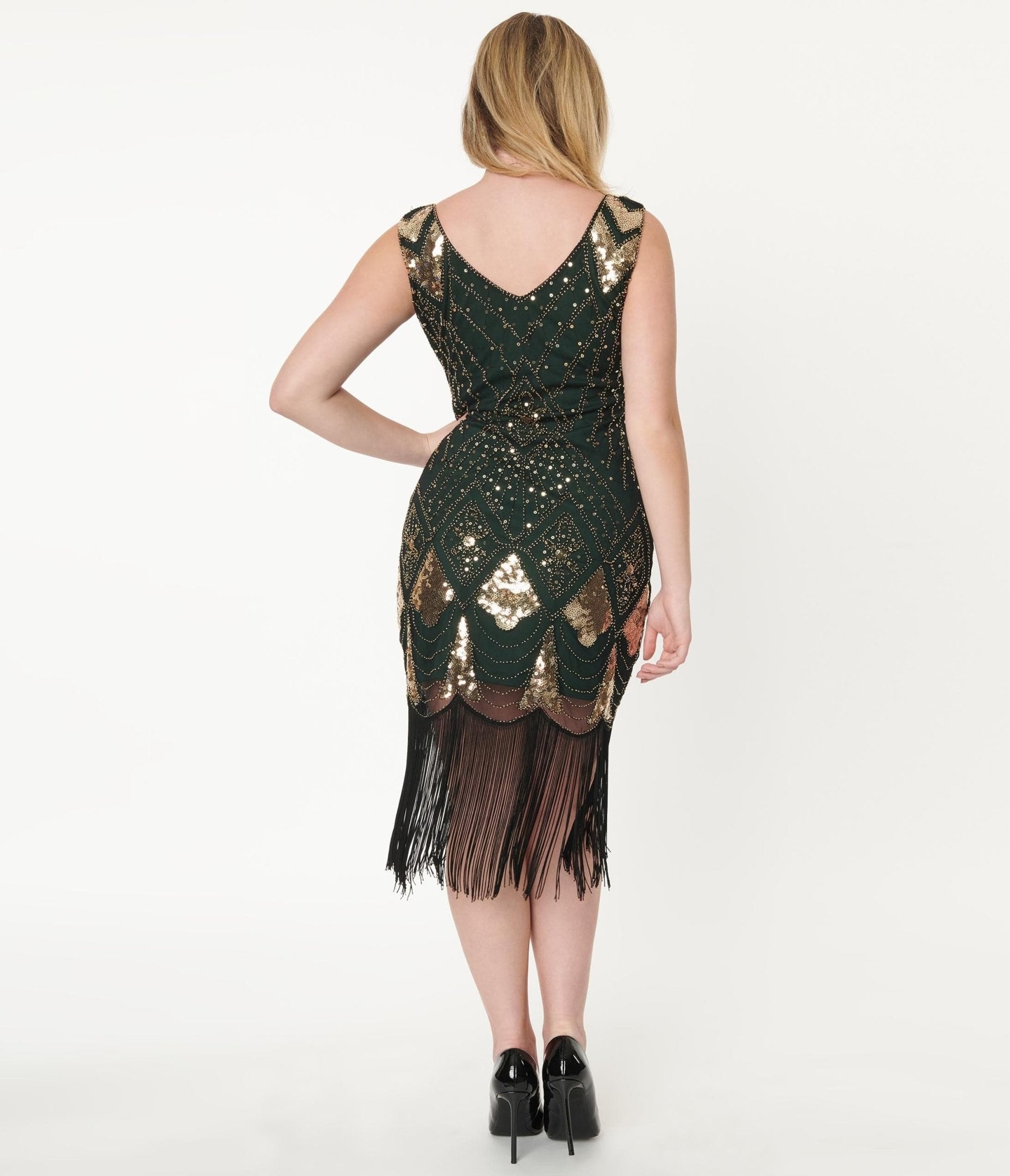 Unique Vintage 1920s Emerald Gold Sequin Lina Flapper Dress