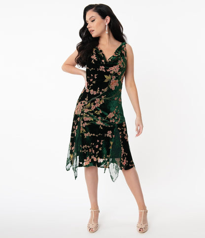 Unique Vintage 1920s Emerald Velvet Floral Burnout Hemingway Flapper Dress - Unique Vintage - Womens, FLAPPER, SLEEVELESS NON BEADED