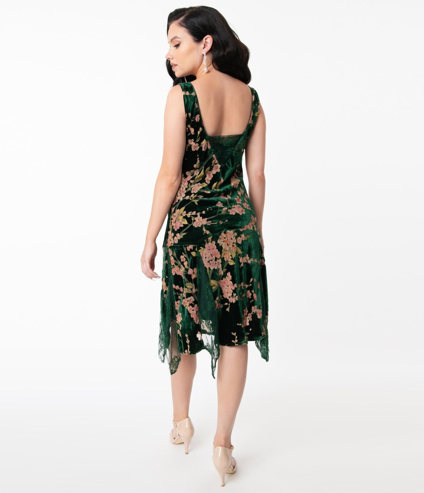 Unique Vintage 1920s Emerald Velvet Floral Burnout Flapper Dress - Unique Vintage - Womens, FLAPPER, SLEEVELESS NON BEADED