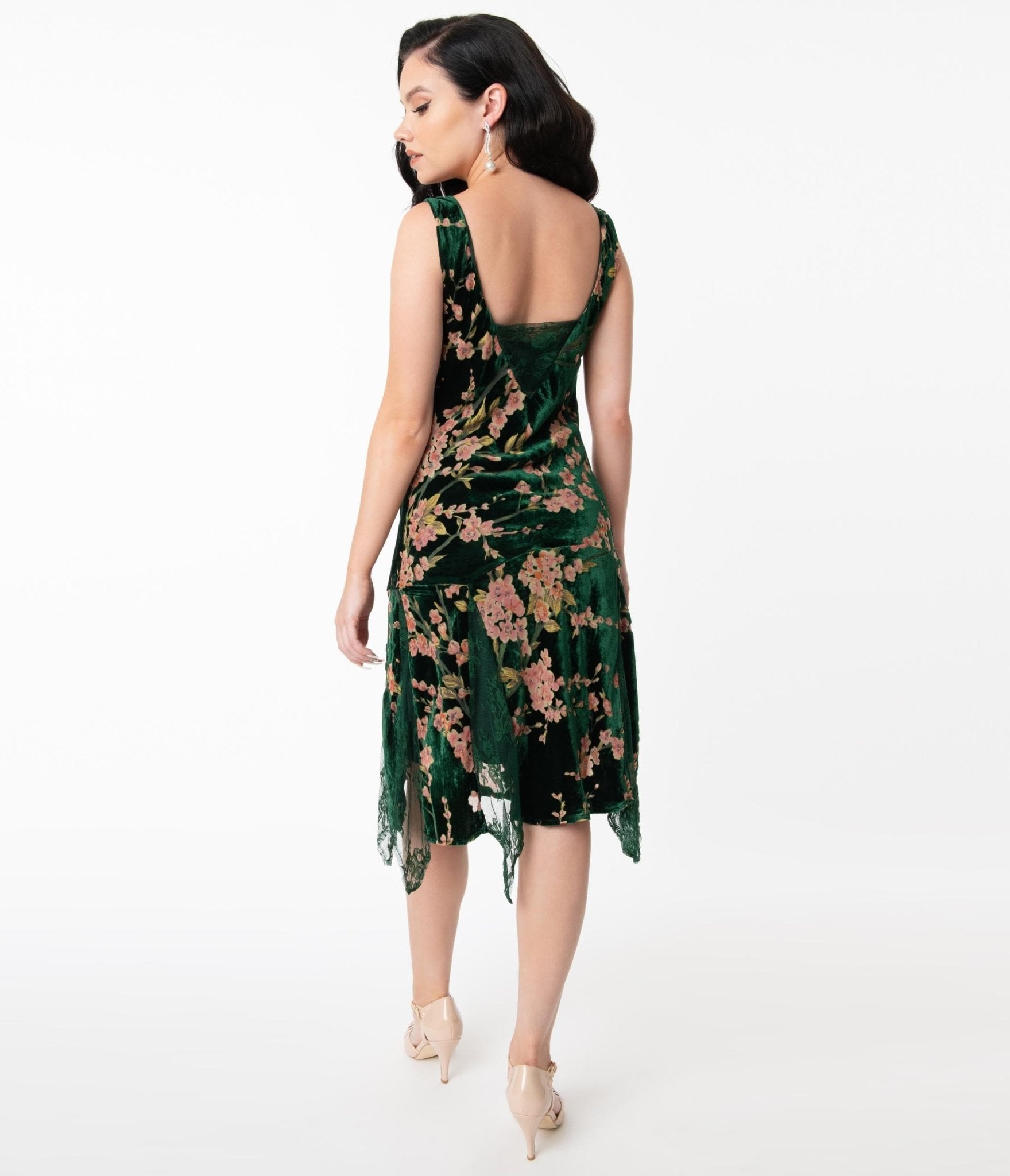 Unique Vintage 1920s Emerald Velvet Floral Burnout Hemingway Flapper Dress - Unique Vintage - Womens, FLAPPER, SLEEVELESS NON BEADED