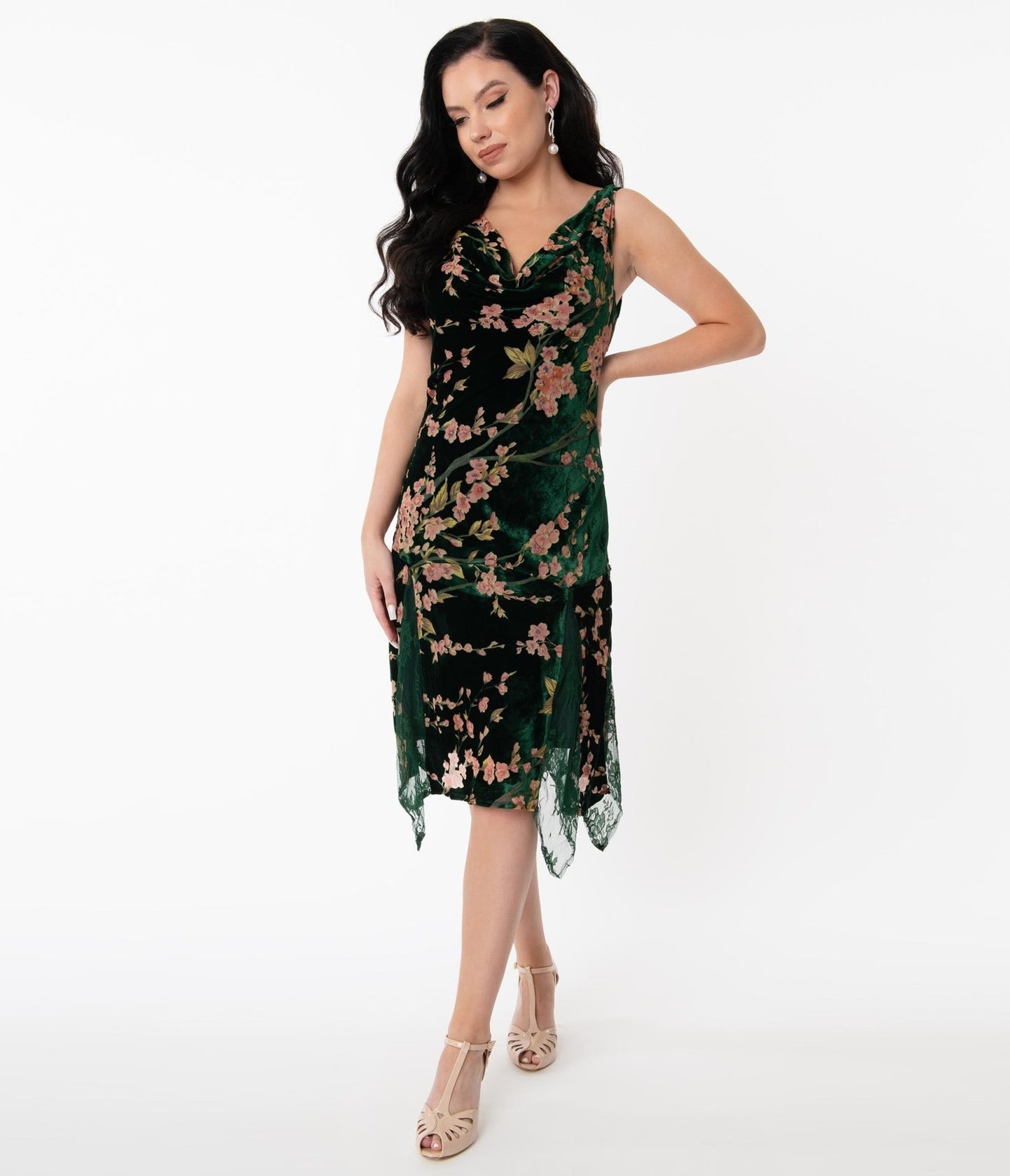 Unique Vintage 1920s Emerald Velvet Floral Burnout Flapper Dress - Unique Vintage - Womens, FLAPPER, SLEEVELESS NON BEADED