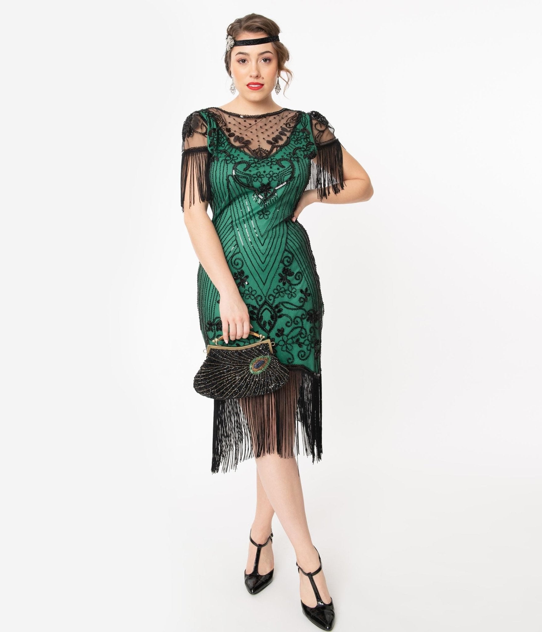 Unique Vintage 1920s Green & Black Beaded Nadine Flapper Dress - Unique Vintage - Womens, FLAPPER, SLEEVED BEADED
