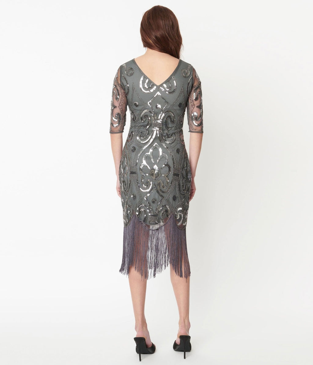 Unique Vintage 1920s Grey & Silver Beaded Lynette Flapper Dress - Unique Vintage - Womens, FLAPPER, SLEEVED BEADED