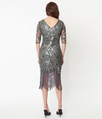 Unique Vintage 1920s Grey & Silver Beaded Lynette Flapper Dress - Unique Vintage - Womens, FLAPPER, SLEEVED BEADED