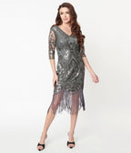 Unique Vintage 1920s Grey & Silver Beaded Lynette Flapper Dress - Unique Vintage - Womens, FLAPPER, SLEEVED BEADED