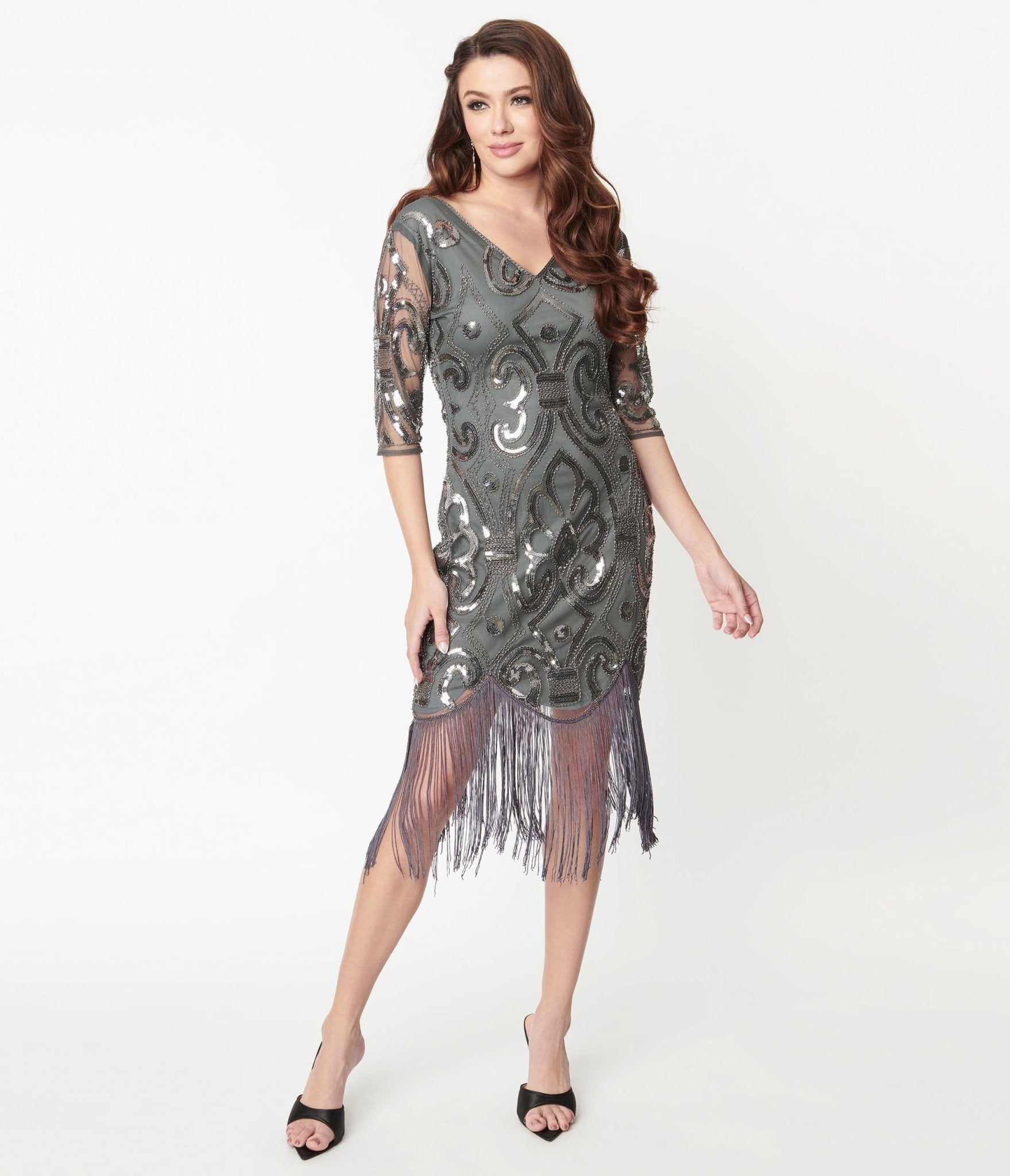 Unique Vintage 1920s Grey & Silver Beaded Lynette Flapper Dress - Unique Vintage - Womens, FLAPPER, SLEEVED BEADED
