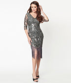 Unique Vintage 1920s Grey & Silver Beaded Lynette Flapper Dress - Unique Vintage - Womens, FLAPPER, SLEEVED BEADED