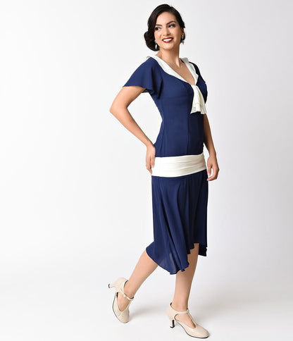Unique Vintage 1920s Navy Blue & Ivory Wilshire Flapper Day Dress - Unique Vintage - Womens, FLAPPER, SLEEVELESS NON BEADED