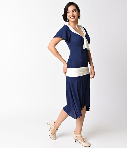 Unique Vintage 1920s Navy Blue & Ivory Wilshire Flapper Day Dress