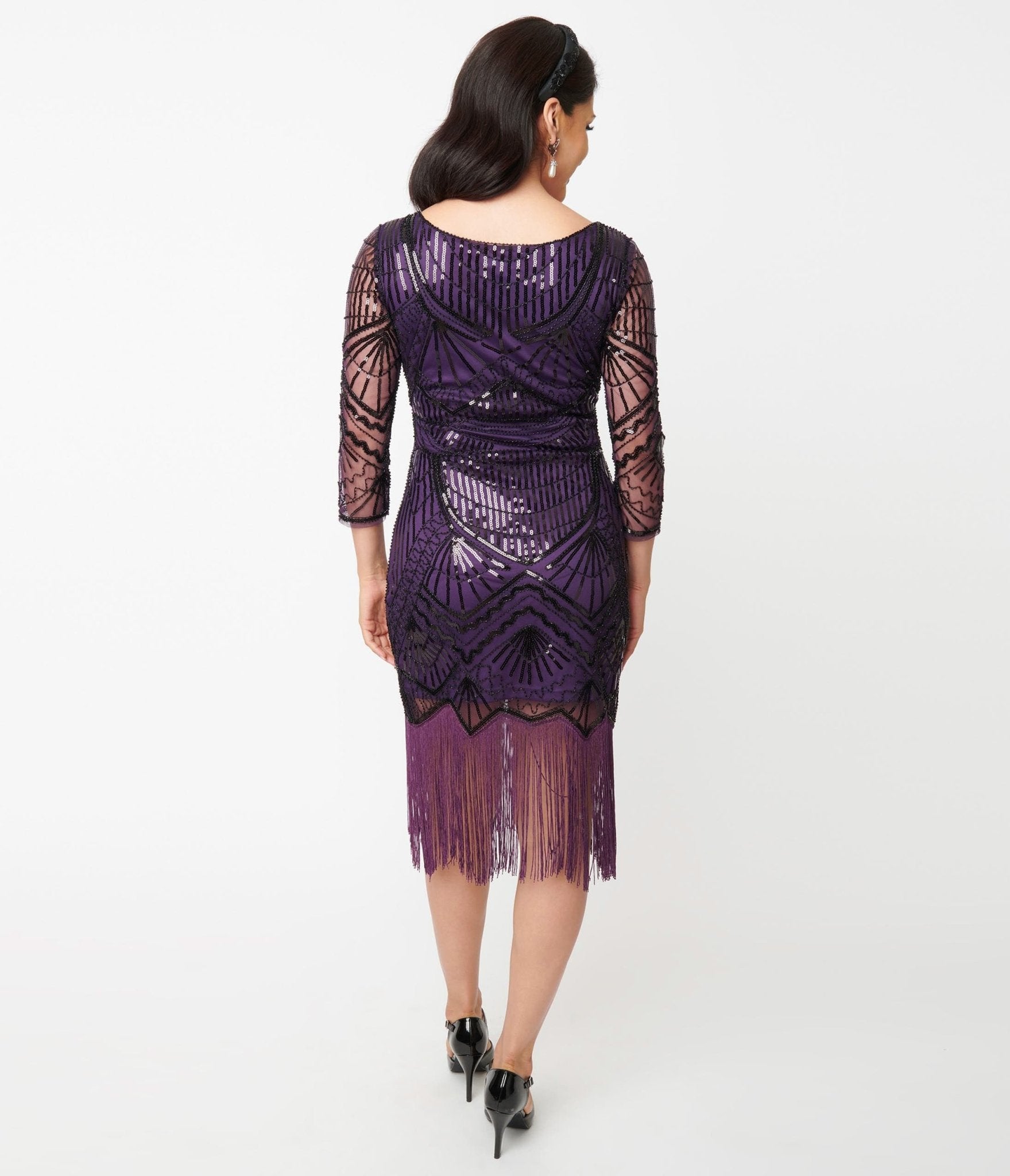 Unique Vintage 1920s Purple & Black Sequin Sleeved Therese Flapper Dress - Unique Vintage - Womens, FLAPPER, SLEEVED BEADED