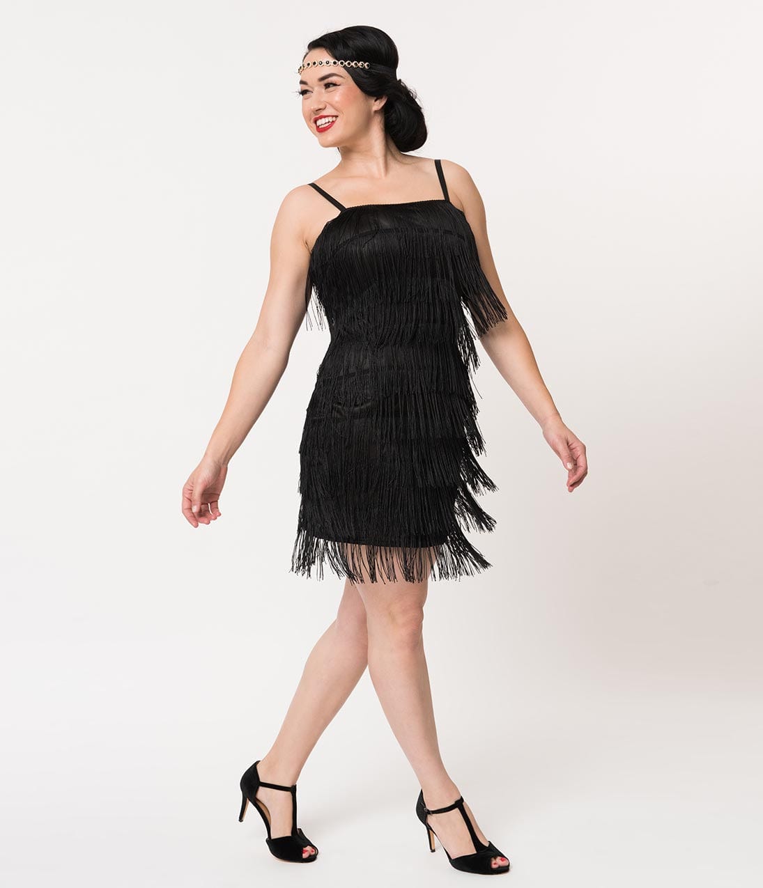 Unique Vintage 1920s Style Black Speakeasy Tiered Fringe Flapper Dress - Unique Vintage - Womens, FLAPPER, NON BEADED