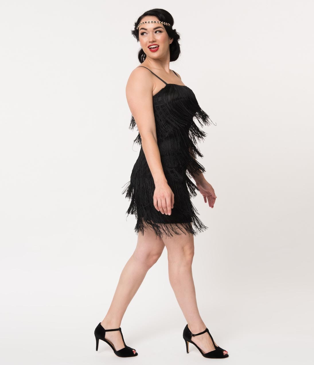 Unique Vintage 1920s Style Black Speakeasy Tiered Fringe Flapper Dress - Unique Vintage - Womens, FLAPPER, NON BEADED