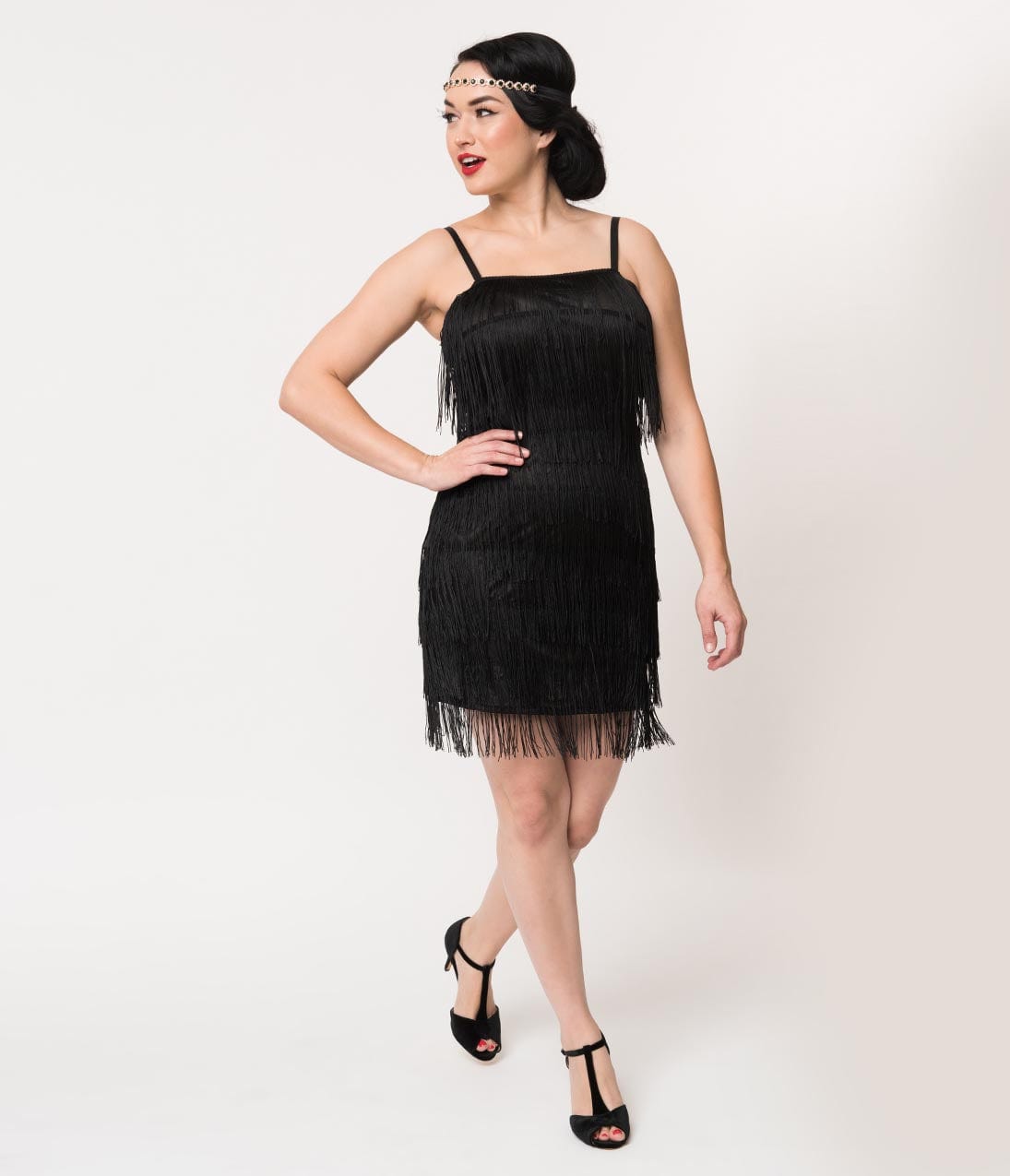Unique Vintage 1920s Style Black Speakeasy Tiered Fringe Flapper Dress - Unique Vintage - Womens, FLAPPER, NON BEADED