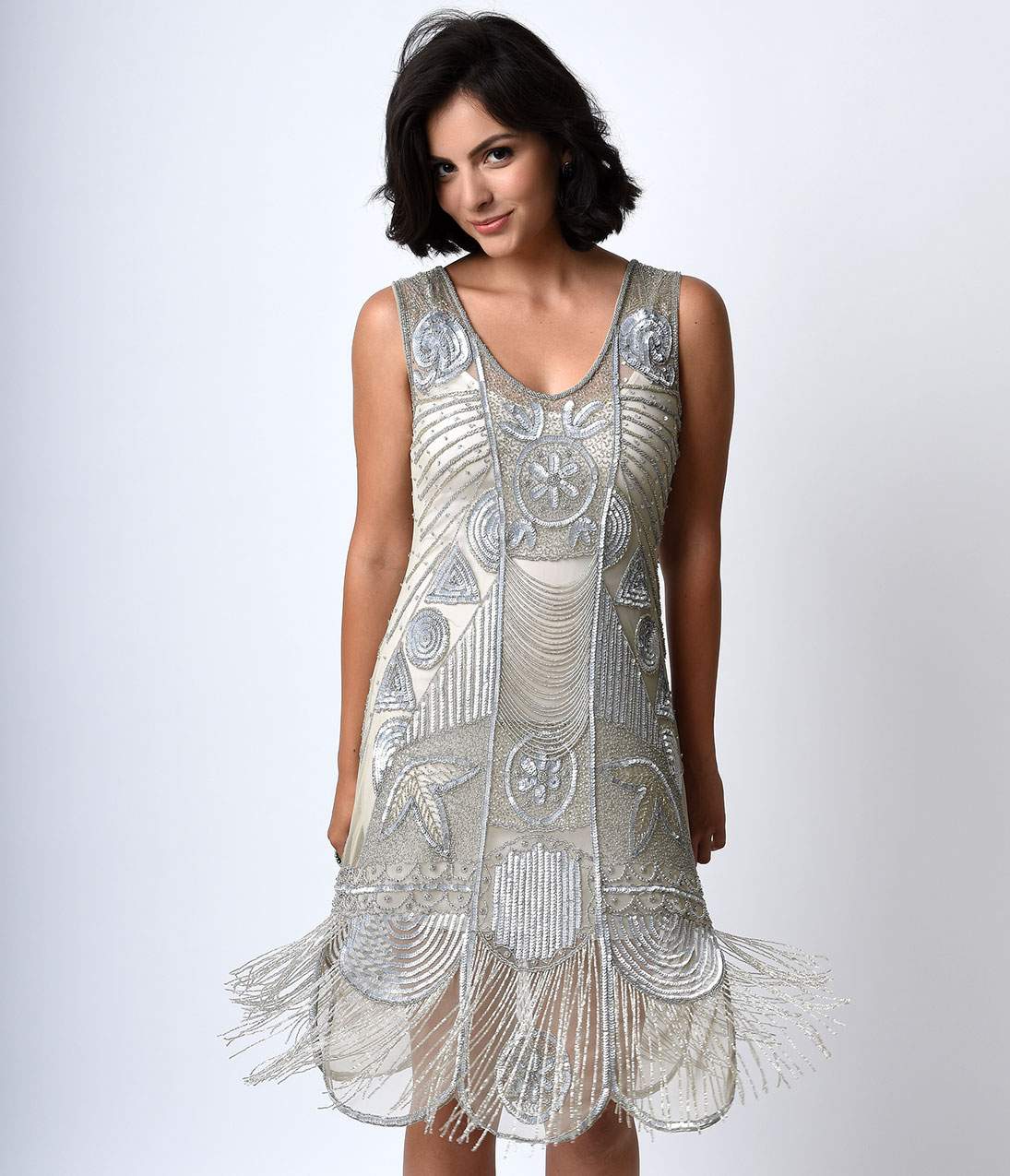 Unique Vintage 1920s Style Silver Beaded Fringe Bosley Flapper Dress - Unique Vintage - Womens, FLAPPER, SLEEVELESS BEADED