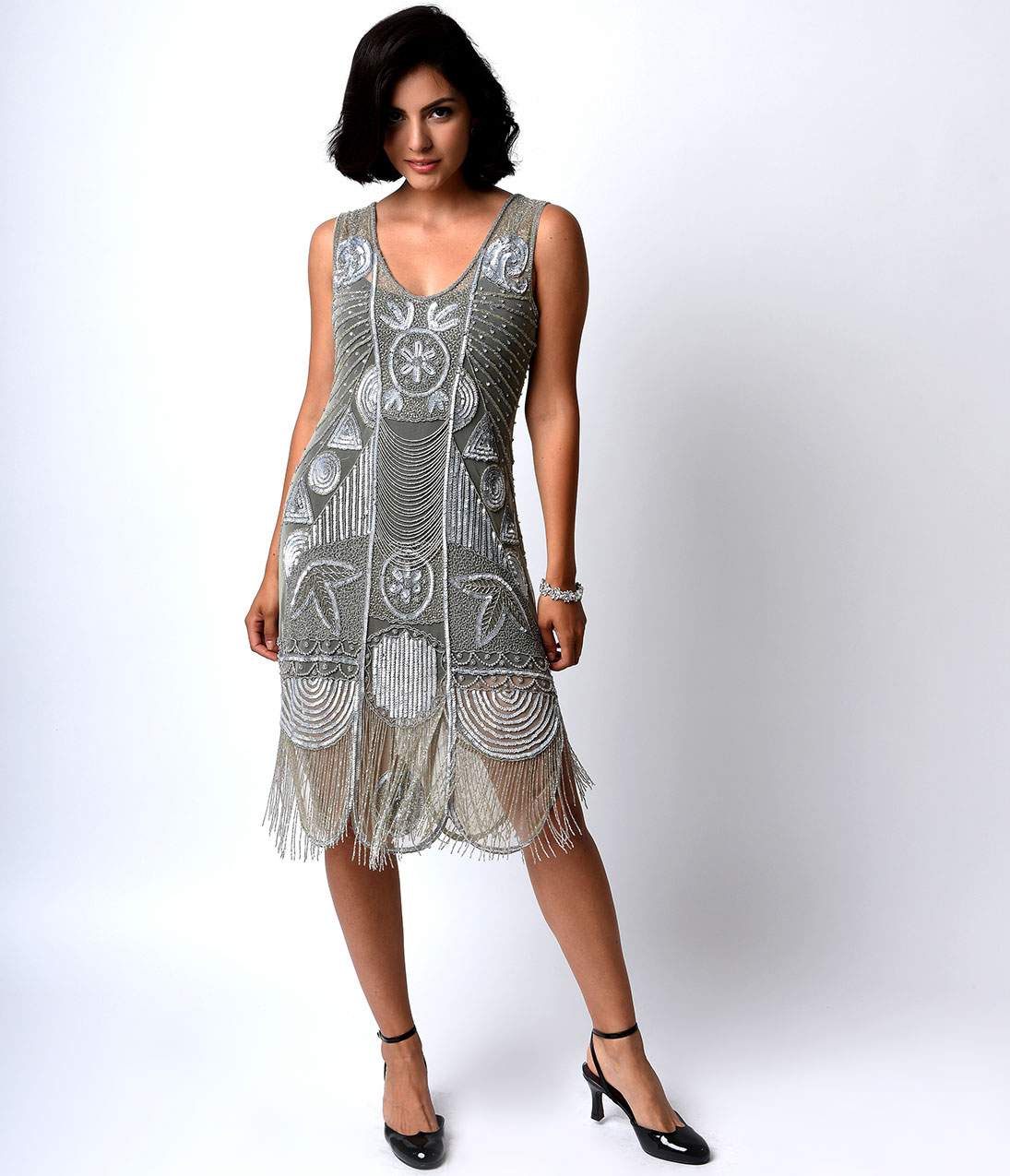 Unique Vintage 1920s Style Silver Beaded Fringe Bosley Flapper Dress - Unique Vintage - Womens, FLAPPER, SLEEVELESS BEADED