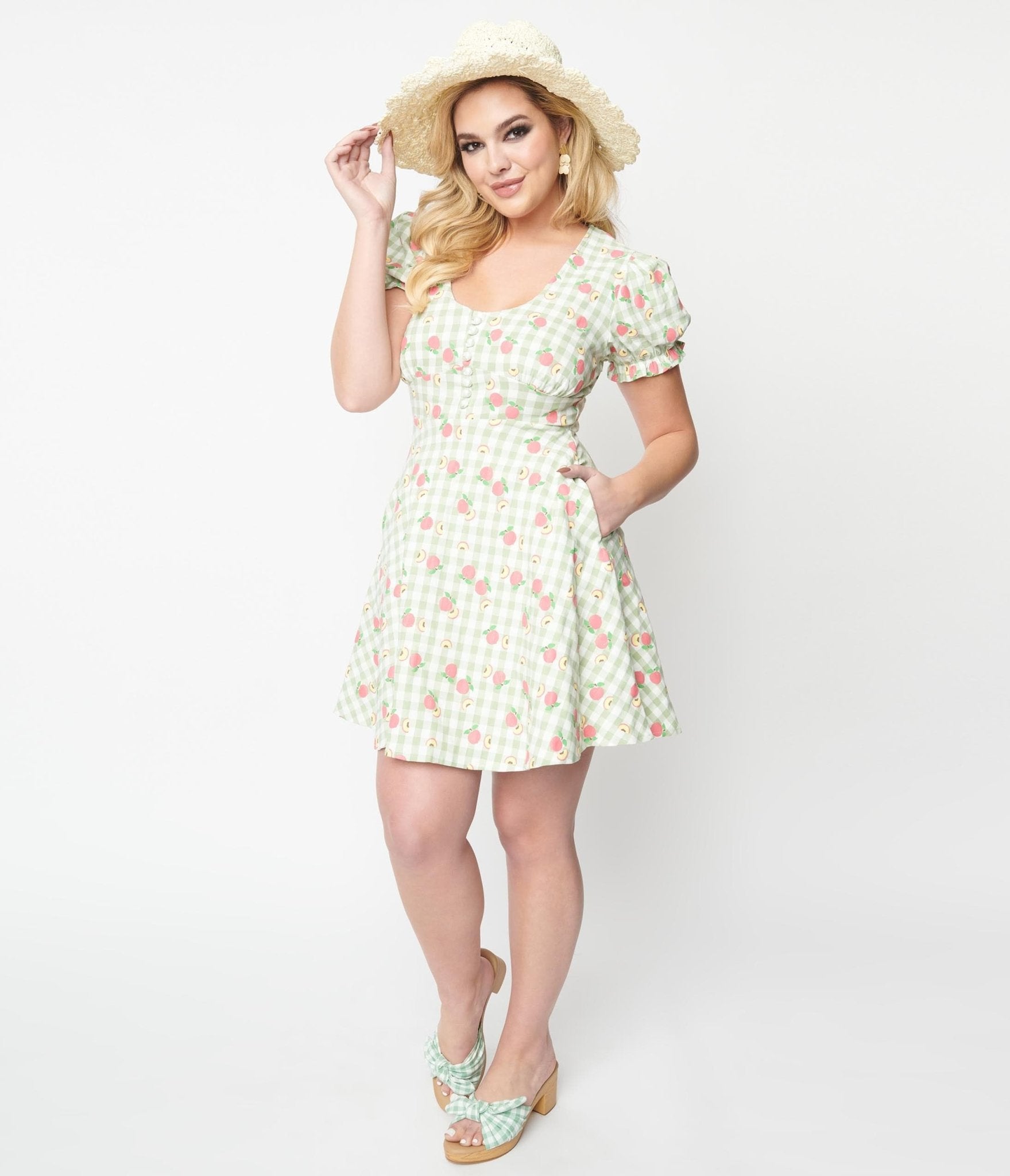 Unique Vintage 1940s Light Green Gingham Peaches Flare Dress