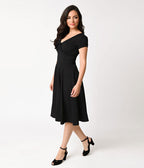 Unique Vintage 1940s Style Black Knit Short Sleeve Natalie Swing Dress - Unique Vintage - Womens, DRESSES, SWING