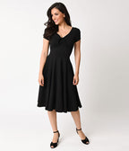 Unique Vintage 1940s Style Black Knit Short Sleeve Natalie Swing Dress - Unique Vintage - Womens, DRESSES, SWING