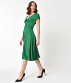 Unique Vintage 1940s Style Green Knit Short Sleeve Natalie Swing Dress - Unique Vintage - Womens, DRESSES, SWING