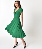 Unique Vintage 1940s Style Green Knit Short Sleeve Natalie Swing Dress - Unique Vintage - Womens, DRESSES, SWING