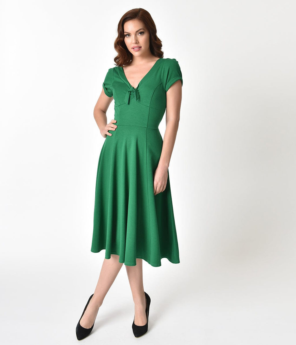 Unique Vintage 1940s Style Green Knit Short Sleeve Natalie Swing Dress