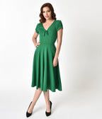 Unique Vintage 1940s Style Green Knit Short Sleeve Natalie Swing Dress - Unique Vintage - Womens, DRESSES, SWING