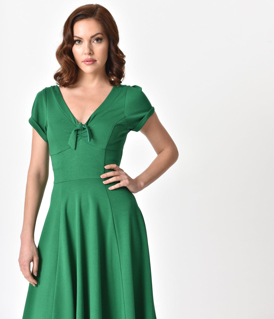 Unique Vintage 1940s Style Green Knit Short Sleeve Natalie Swing Dress Unique Vintage 1940s Style Green Knit Short Sleeve Natalie Swing Dress