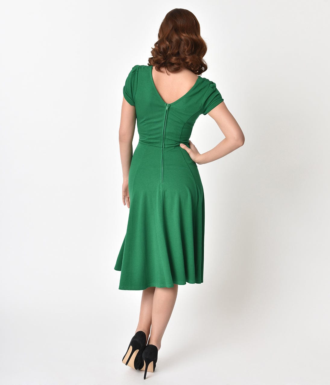 Unique Vintage 1940s Style Green Knit Short Sleeve Natalie Swing Dress Unique Vintage 1940s Style Green Knit Short Sleeve Natalie Swing Dress