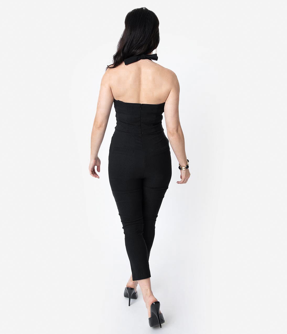 Unique Vintage 1950s Black Halter Marcel Jumpsuit - Unique Vintage - Womens, BOTTOMS, ROMPERS AND JUMPSUITS