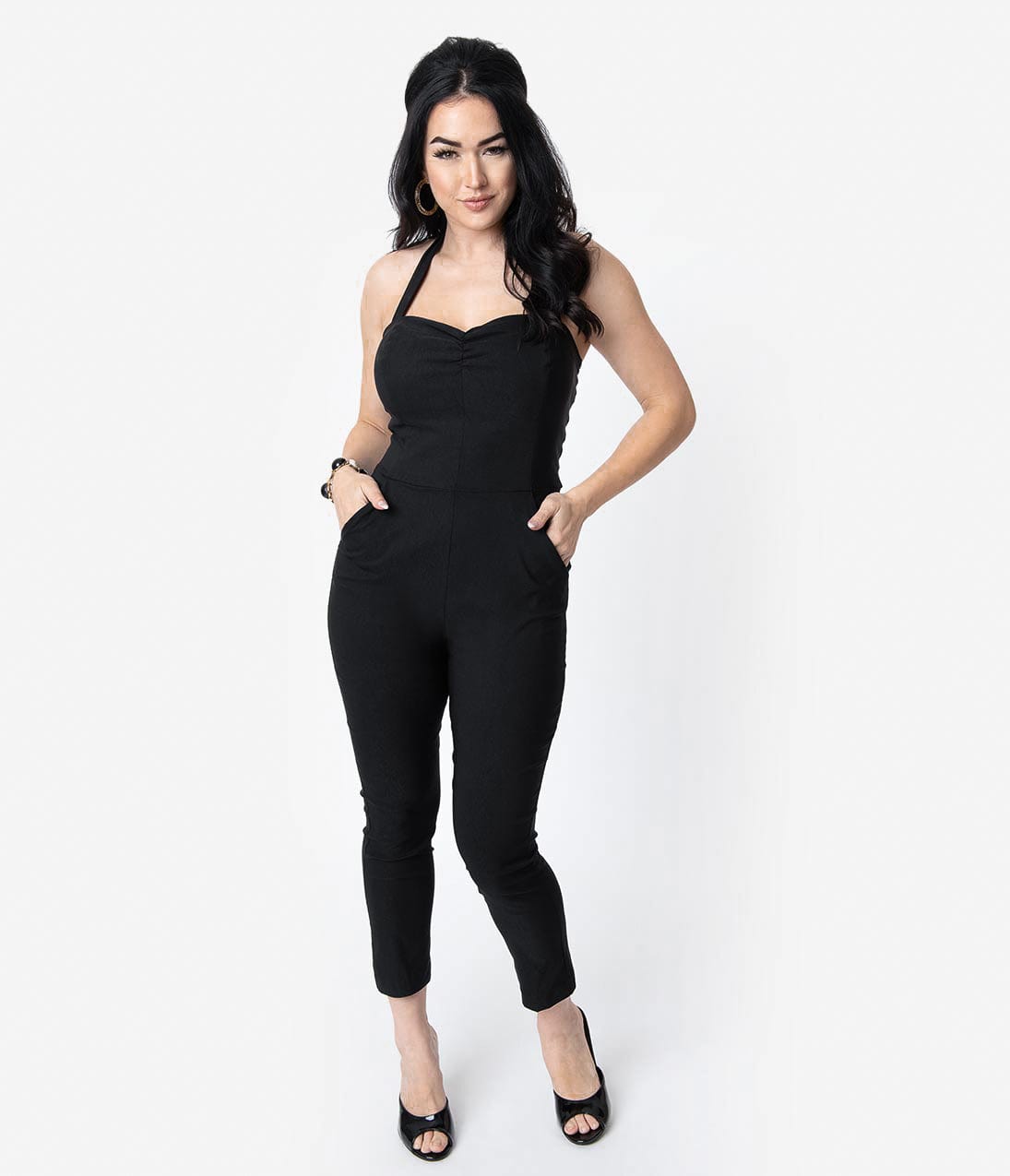 Unique Vintage 1950s Black Halter Marcel Jumpsuit - Unique Vintage - Womens, BOTTOMS, ROMPERS AND JUMPSUITS