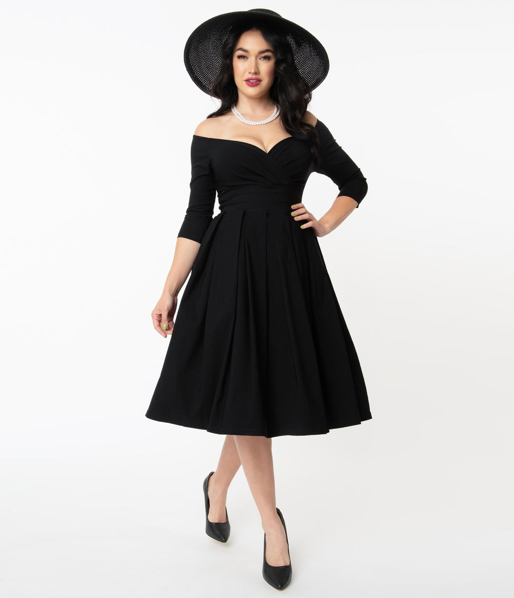 black fifties dress Unique Vintage 1950s Black Marceline Swing Dress XL/14-16