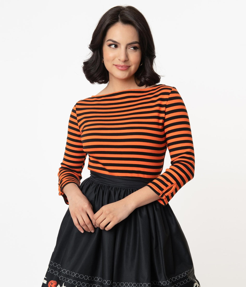 Unique Vintage 1950s Black & Orange Stripe Gracie Top - Unique Vintage - Womens, HALLOWEEN, TOPS