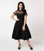 Unique Vintage 1950s Black Stretch Sheer Bodice Swing Dress - Unique Vintage - Womens, DRESSES, PROM AND SPECIAL OCCASION