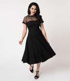 Unique Vintage 1950s Black Stretch Sheer Bodice Swing Dress - Unique Vintage - Womens, DRESSES, PROM AND SPECIAL OCCASION