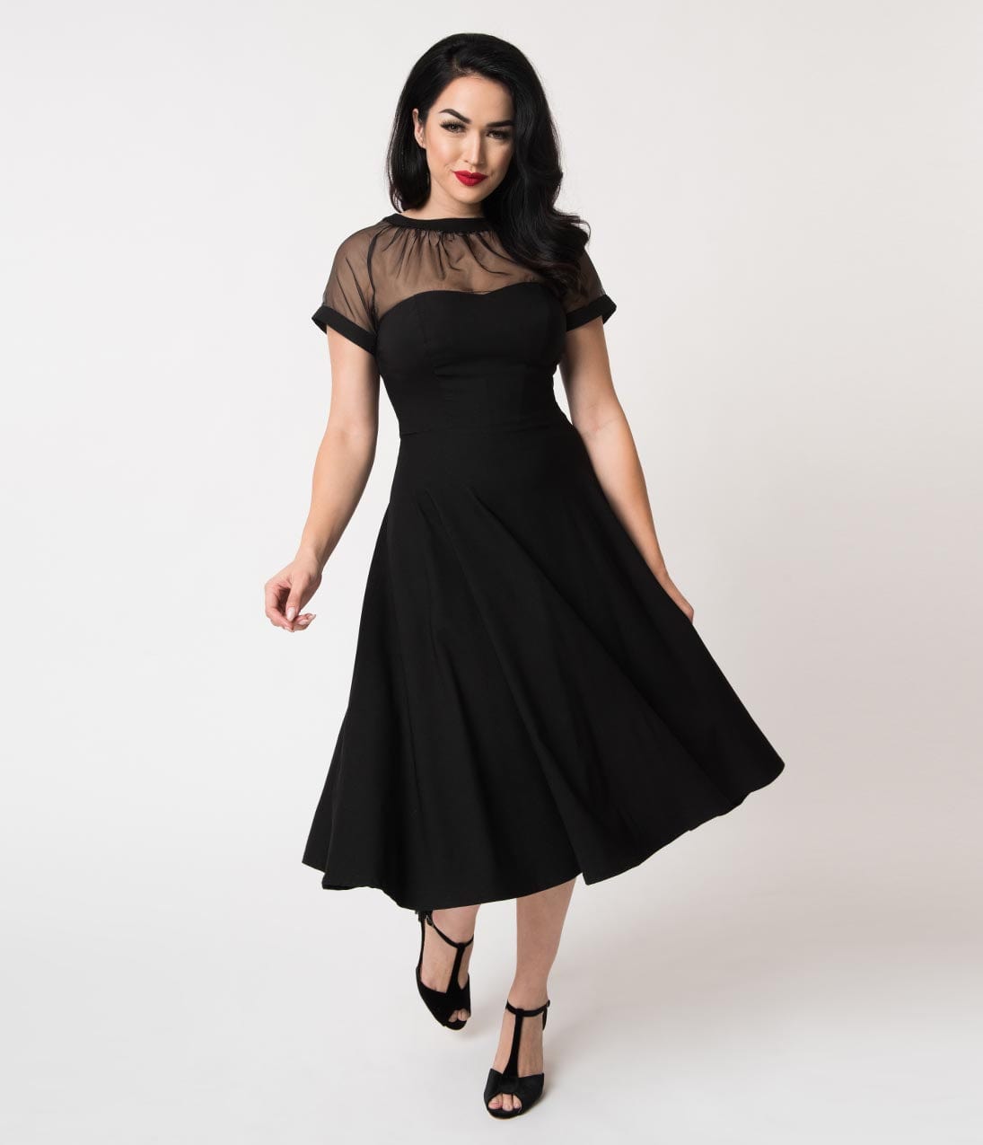 Unique Vintage 1950s Black Stretch Sheer Bodice Swing Dress - Unique Vintage - Womens, DRESSES, PROM AND SPECIAL OCCASION