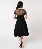 Unique Vintage 1950s Black Stretch Sheer Bodice Swing Dress - Unique Vintage - Womens, DRESSES, PROM AND SPECIAL OCCASION
