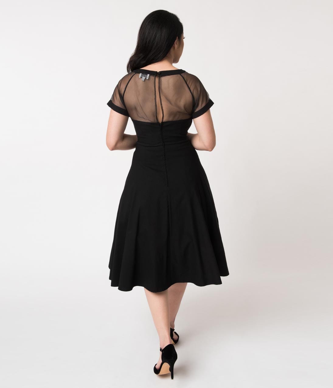 Unique Vintage 1950s Black Stretch Sheer Bodice Swing Dress - Unique Vintage - Womens, DRESSES, PROM AND SPECIAL OCCASION