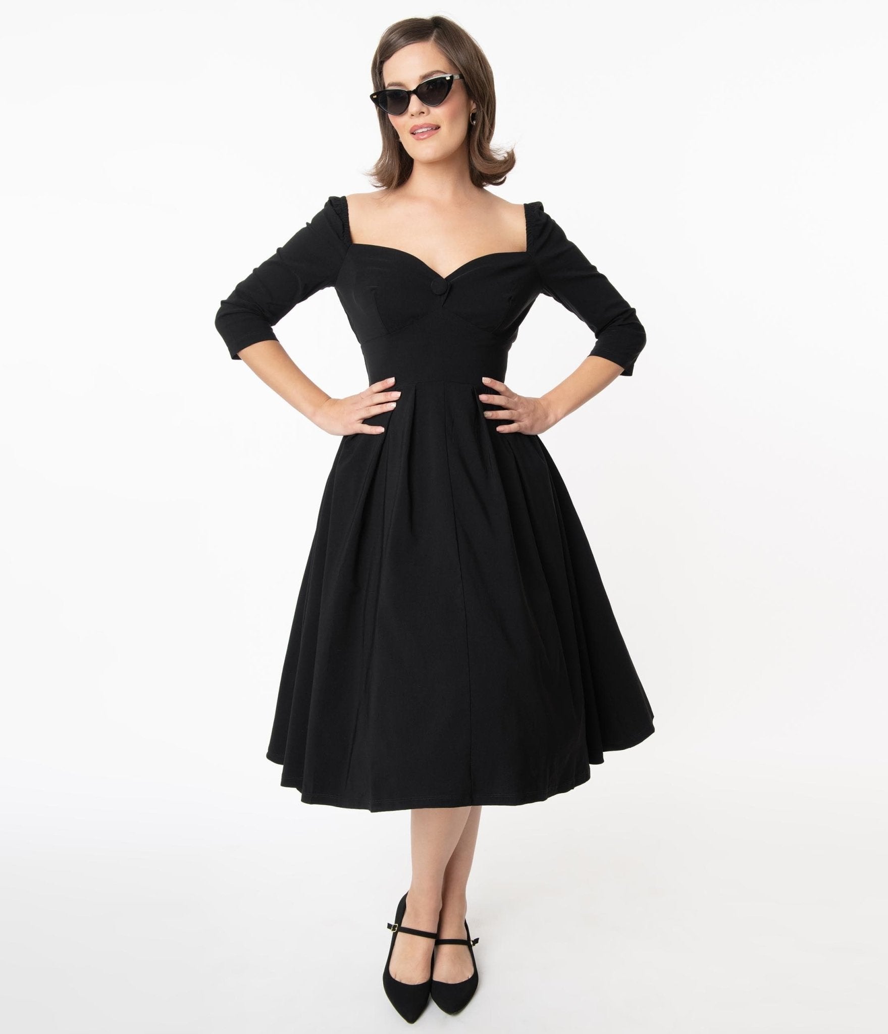 Unique Vintage Lamar Black Bengaline Sweetheart Swing Dress S/4