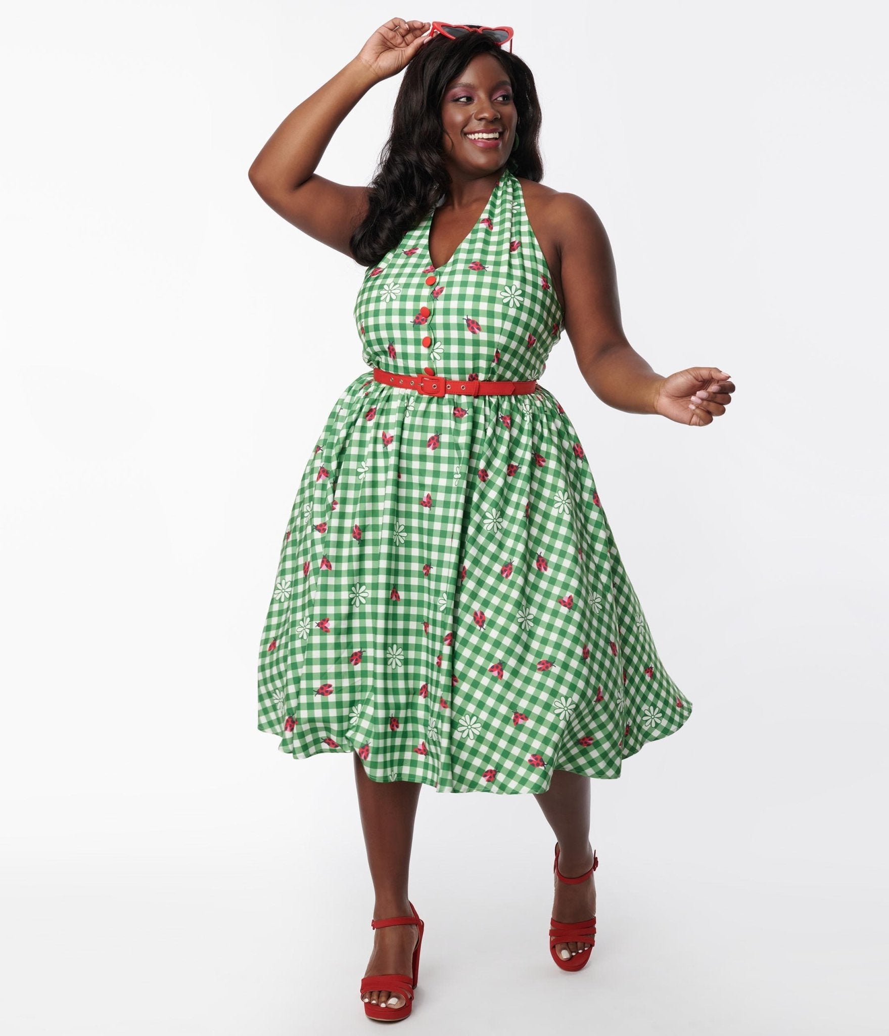 Unique Vintage 1950s Green Gingham Ladybug Halter Swing Dress