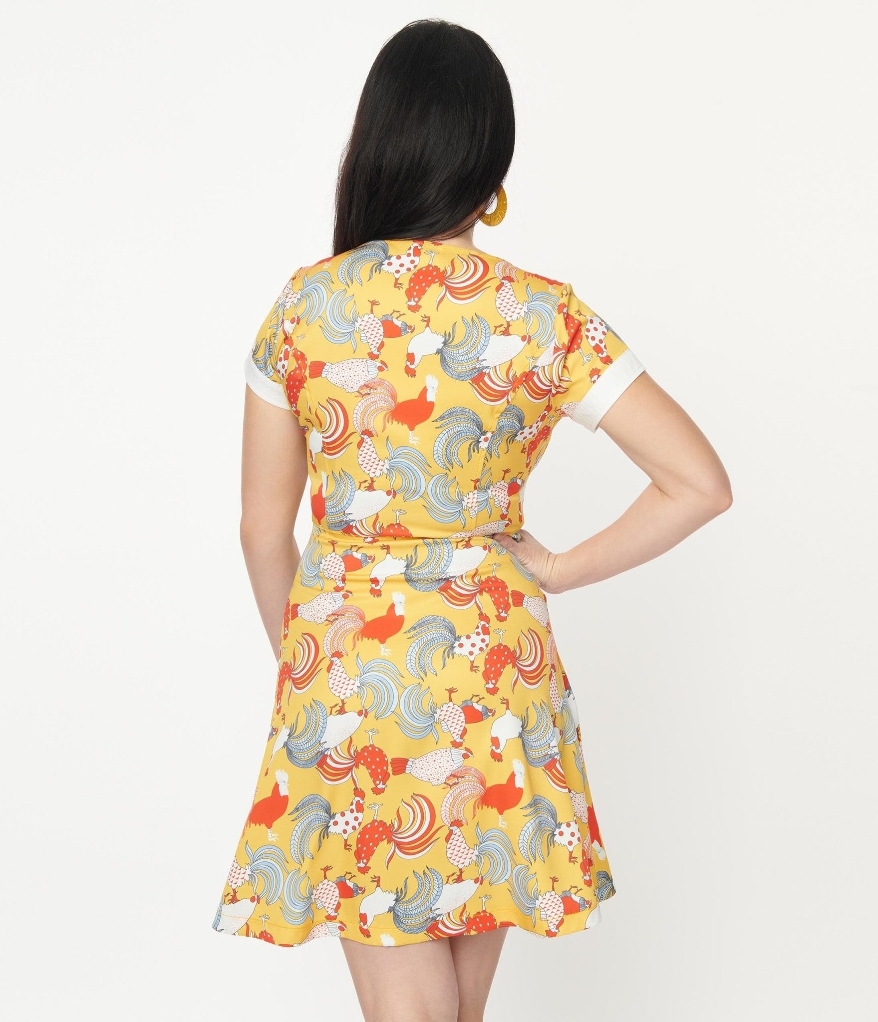 Unique Vintage 1950s Mustard & Red Rooster Print Fit & Flare Dress - Unique Vintage - Womens, DRESSES, FIT AND FLARE