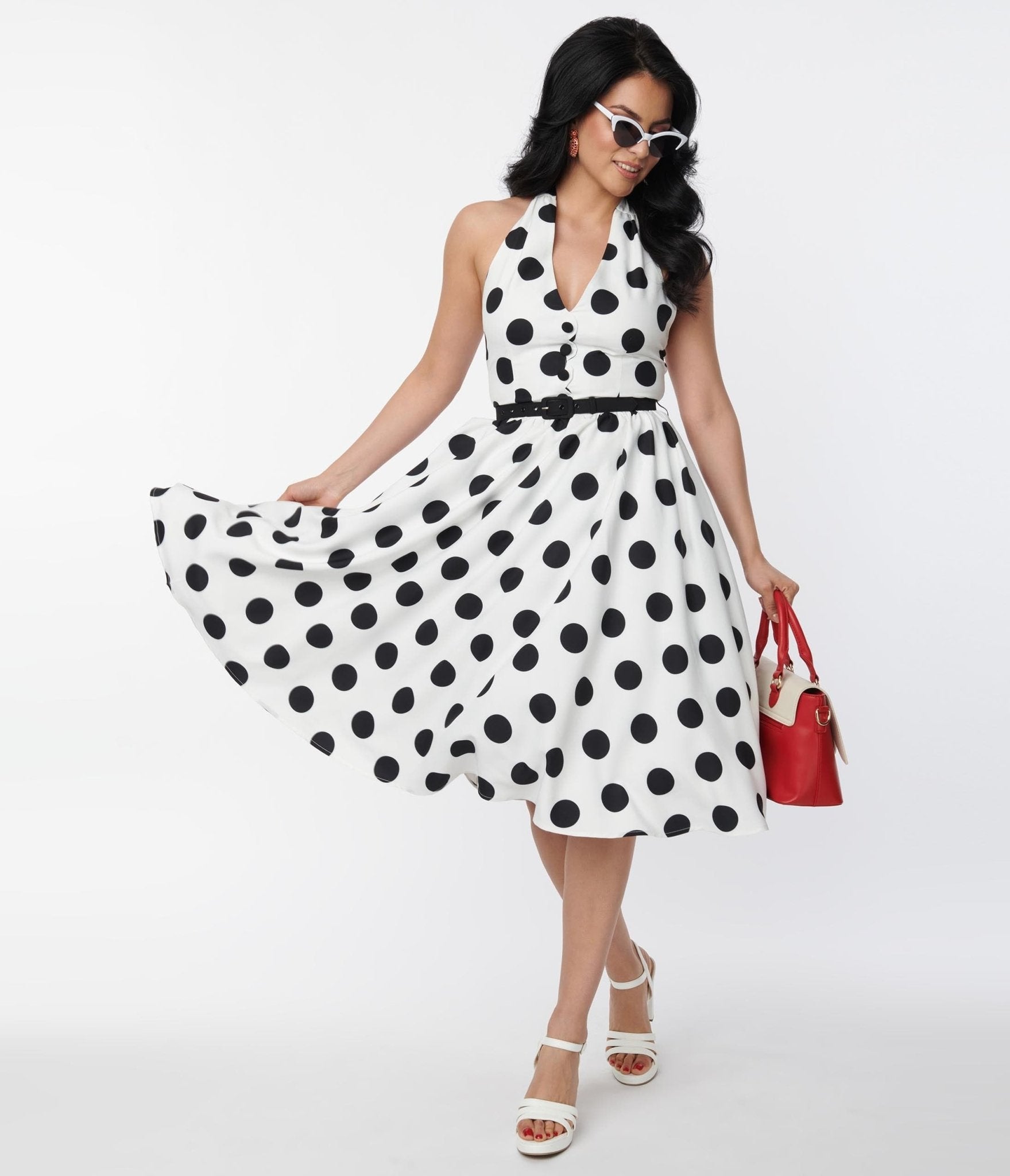 Unique Vintage 1950s White Black Dot Halter Swing Dress