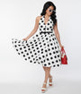 Unique Vintage 1950s White & Black Dot Halter Swing Dress