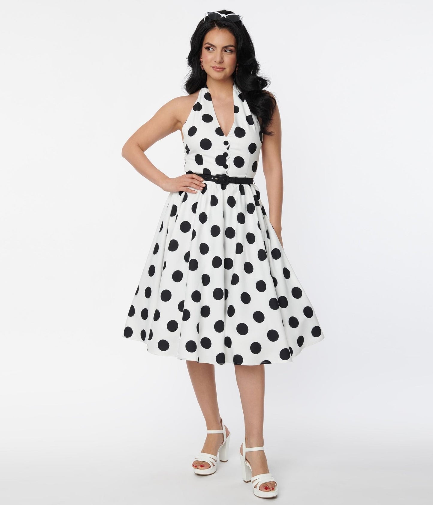 Unique Vintage 1950s White & Black Dot Halter Swing Dress - Unique Vintage - Womens, DRESSES, SWING